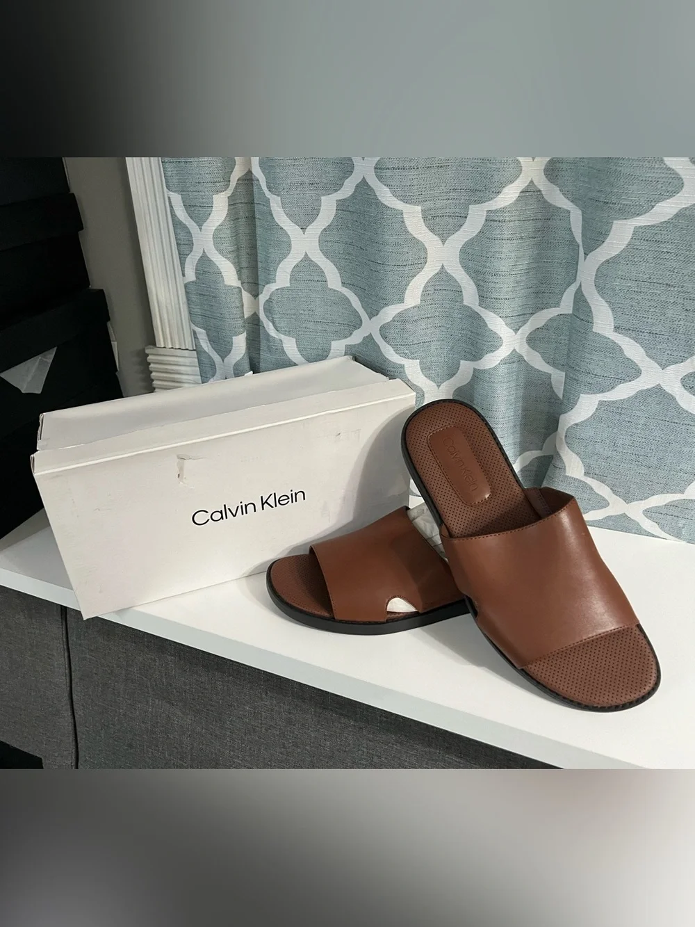 Calvin Klein Men's Brown Leather Slide Sandals - Smooth Upper gladiator style
